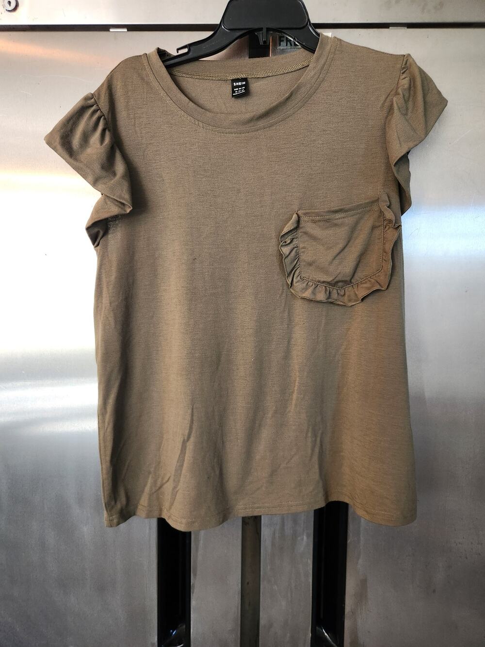 SHEIN Womens Ruffle Cap Sleeve Tee Size XL | Olive Green Ruffle Pocket Knit